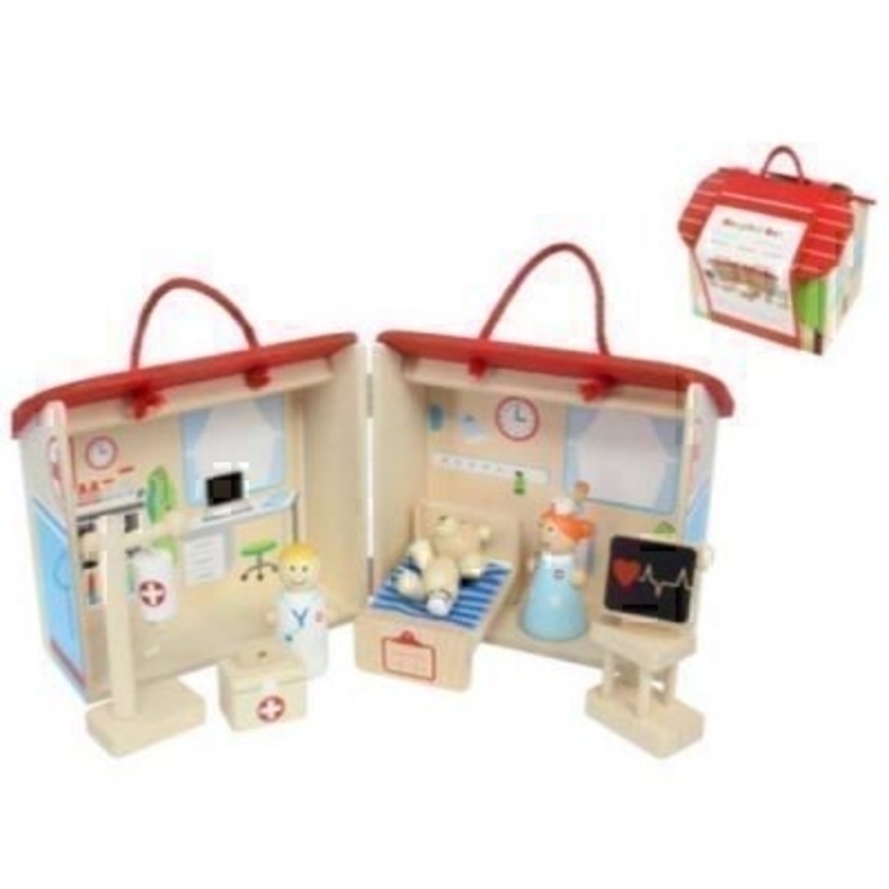 Wood Hospital Play set by Gisela Graham. Beautiful wooden hospital play set all bits pack up into the hospital for easy storage. Comes with 1 hospital house, 1 bed and mattress, 1 drip stand, 1 quilt, 1 heart control machine, 1 nurse, 1 doctor, 1 bear p